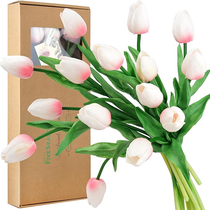 FiveSeasonStuff Real Touch Tulips Artificial Flowers – 15 Stems Faux Tulip Bouquet in Gift Box for Wedding, Home Decor, Party, Floral Arrangements (Lovable Pink)