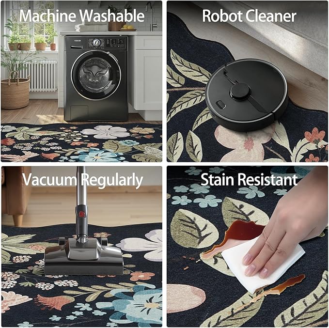DCX Black Floral Rug 8x10, Washable Black Rug for Living Room, Kid & Pet Friendly with Rubber Back Non Slip, Soft Low Pile Carpet, Stain Resistant Rug for Bedroom, Nursery, Dining Room