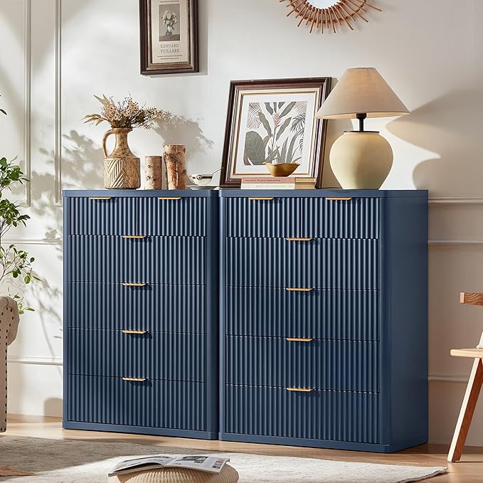 LEYAOYAO Fluted 6 Drawers Dresser for Bedroom, 42" Tall Modern Chest of Drawers with Metal Handle, Curved Profile Design,Navy Blue Wood Drawer Organizer for Bedroom, Living Room, Hallway, Entryway