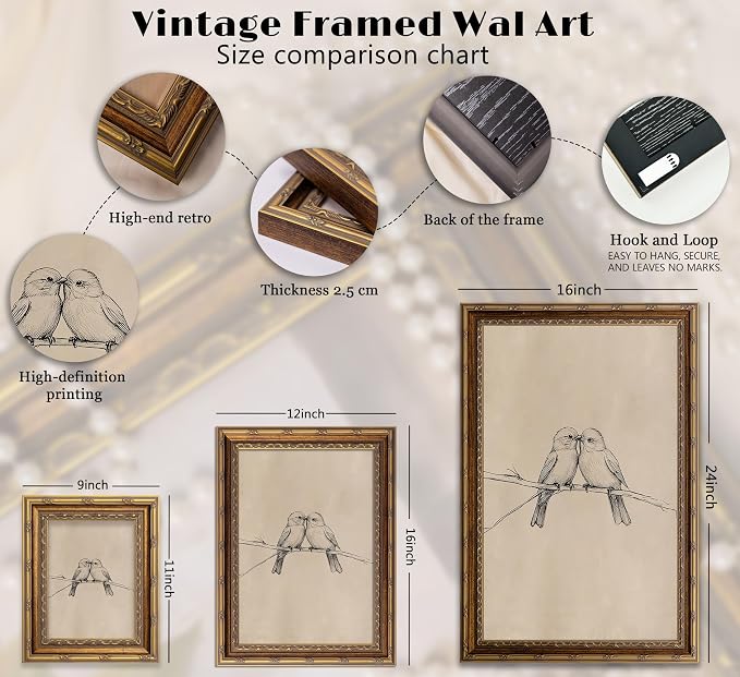 Vintage Gold Framed Bird Canvas Wall Art Two Birds Sketch Wall Decor Vintage Farmhouse Sketch Animals Artwork Retro Birds Painting Retro Rustic Print for Farmhouse Bedroom Living Room 12X16in