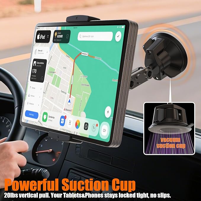 VasSmtCPH Tablet Mount for Truck Car ipad Holder Suction Cup Phone Stand for Windshield Dash Wall Vehicle Desk，360° Metal Bracket for 4.7"-13" Tablet iPad Pro Air Mini iPhone