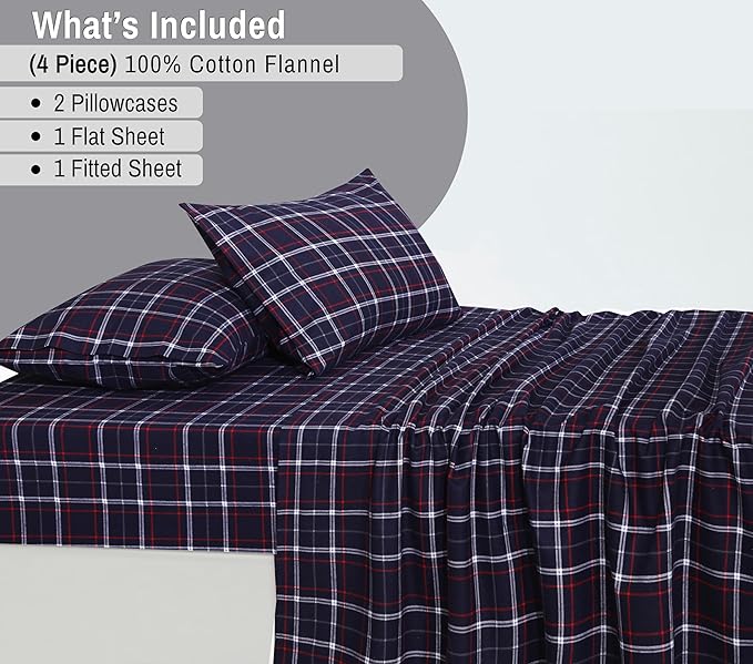 RUVANTI Flannel Sheets King Size - 100% Cotton Brushed King Size Sheets Set - Deep Pockets 16 Inches Bed Sheets - All Seasons Breathable & Extra Soft - Warm & Cozy, 4 Piece, Yankees Blue