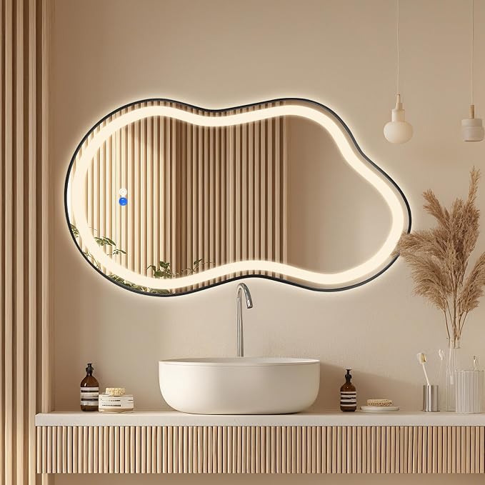 Dorlicecass Irregular Led Bathroom Mirror- Black 24"x36" Single Piece Vanity Mirror with Lights IP54 Enhanced Anti-Fog, 3 Colors Dimmable, Memory,Tempered Glass,UL Listed