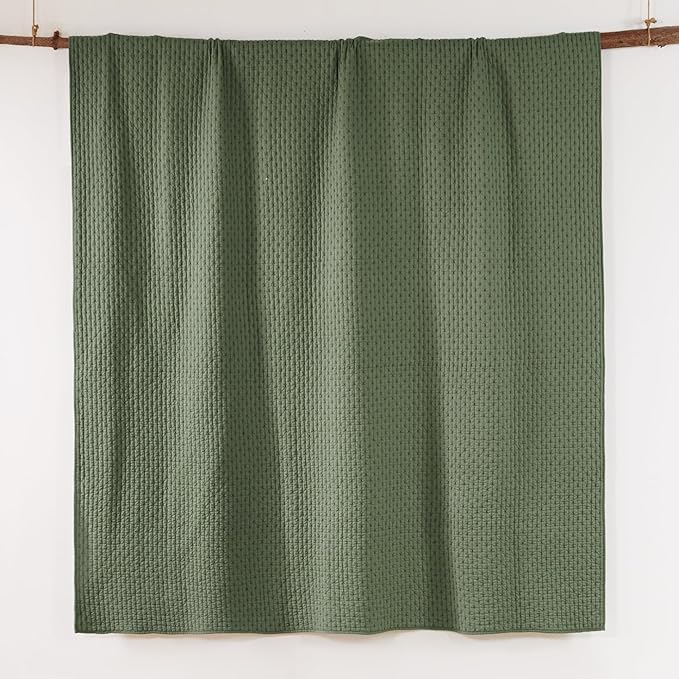 Levtex Home Cross Stitch Reversible King/Cal King Quilt Set (106x92in) and 2 Pillow Shams (36x20in) - Stitch Texture - Forest Green - Cotton King Size Quilt Bedding Set - Lightweight Soft Pre-Washed