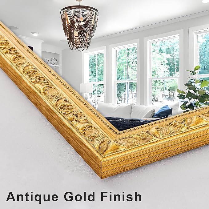 Large Decorative Mirror for Wall Decor, 59''x 29'' Gold Antiuqe Living Room Mirrors with Ornate Carvings Wood Frame, Big Vanity Mirror for Bathroom, Horizontal/Vertical