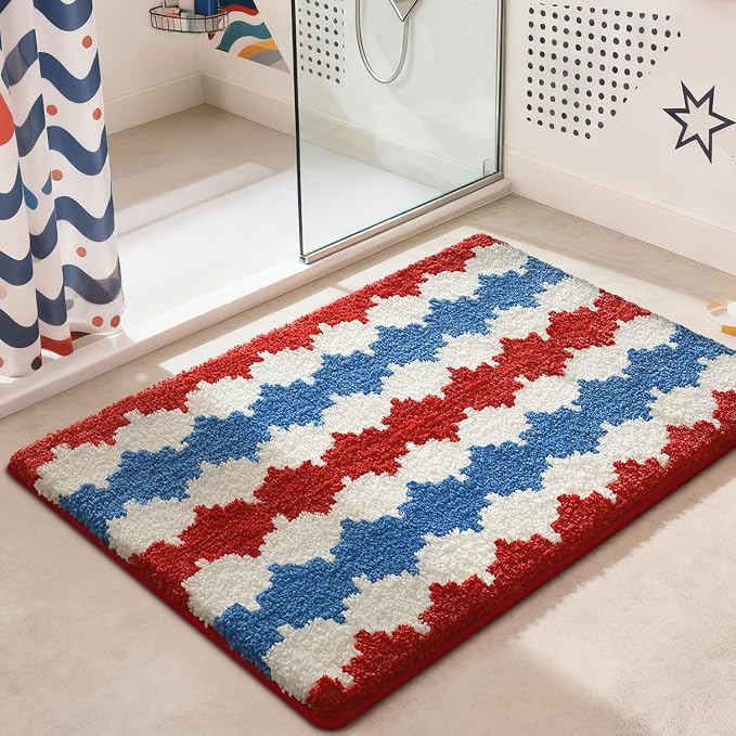 LUMI Bathroom Rugs with Wave, Soft Absorbent Bath Mat for Modern Home Decor, Non-Slip Quick-Dry Bath Rug, Machine Washable Floor Mat for Shower and Tub, Entryway, 20"x32", Azure Wave