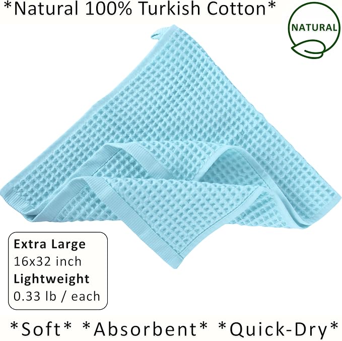 PÜSKÜL Natural 100% Turkish Cotton Waffle Kitchen Towels Set of 3 | Oeko-Tex, Premium Waffle Hand Towels for Bathroom | Soft Absorbent Quick-Dry Lint-Free Dish Towel Large 32x16 inch (3, Turquoise)