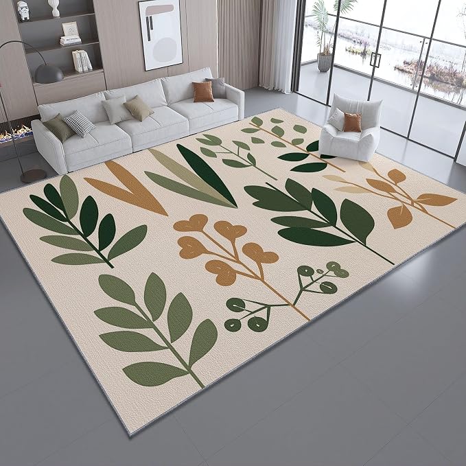 Area Rugs for Living Room, 4x5 Washable Rug Green Soft Low Pile Non-Slip Carpet Stain Resistant Carpets for Bedroom Dining Room Farmhouse Nursery, Retro Leaves Bohemian Plants