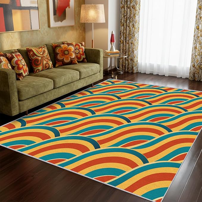 70s Rug 7x9 Retro Abtract Groovy Stripes Pattern Area Rugs for Living Room, Bedroom, 70s Home Decor Accessories Indoor Carpet, Non Slip & Machine Washable, GD0370