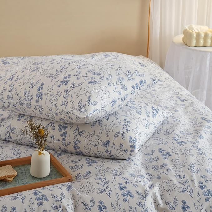 HighBuy Blue Floral Comforter Set Queen White Coquette Bedding Comforter Sets Queen Boho 3 Piece for Women Girl Cottagecore Blue Flower Comforter Set with 2 Pillowcases,Boho Bed Comforter Sets