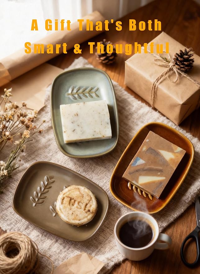 Miamolo Soap Dish for Shower, Ceramic Soap Holder Soap Dishes for Large Bar Soap Sponge, Decorative Soap Saver Tray for Bathroom Kitchen Sink Bathtub, Pro-Environment, Extend Soap Life, Dark Brown