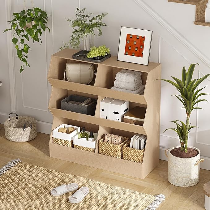 DINZI LVJ Toy Storage Organizer, Kids Bookshelf, Wooden Toy Storage Cabinet, 6 Cubby Children Bookcase, 35.4" L Toddler Book Shelf for Playroom, Living Room, Nursery, Hallway, School, Natural