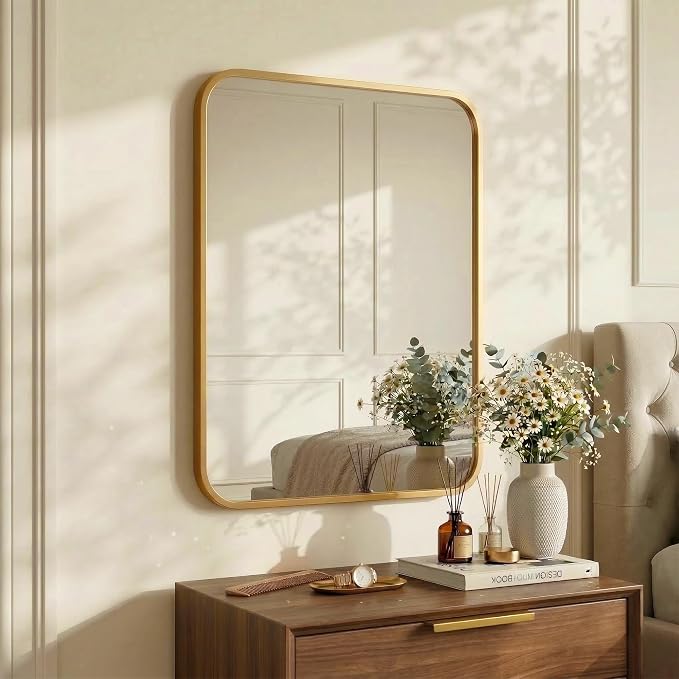 2-Pack 24x30 Inch Antique Gold Bathroom Vanity Mirrors | Flush Mount Deep Set Metal Wall Mirror for Over Sink | HD Shatterproof Glass, Rustproof