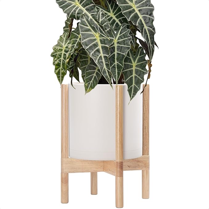 D'vine Dev Planter Pot with Stand - 10 Inch Plastic Cylinder Flower Pot with Wood Planter Holder for Indoor, Oatmeal Pot + Natural Stand, 55-C-M-4