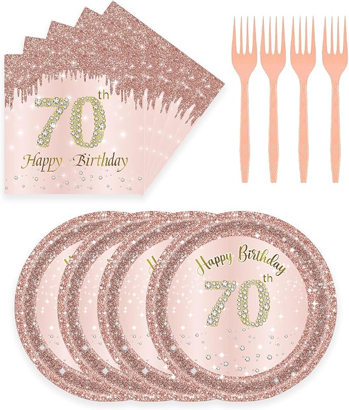 72 Pcs 70th Birthday Paper Plates and Napkins Party Supplies, Rose Gold 70th Birthday Party Plates and Napkins Tableware Set for Men Women Cheers to 70 Years Birthday Party Decorations Serves 24