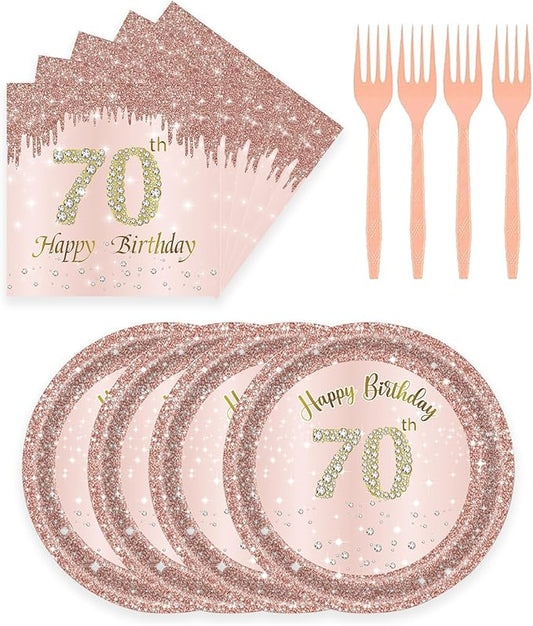 72 Pcs 70th Birthday Paper Plates and Napkins Party Supplies, Rose Gold 70th Birthday Party Plates and Napkins Tableware Set for Men Women Cheers to 70 Years Birthday Party Decorations Serves 24
