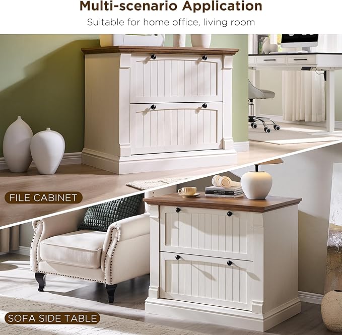 OKD Farmhouse File Cabinet with 2 Drawers, 35.3" Lateral Filing Cabinet with Hanging File Folders, Interlocking Drawers, Wood Rustic Storage Cabinet for Home Office, Living Room, Antique White