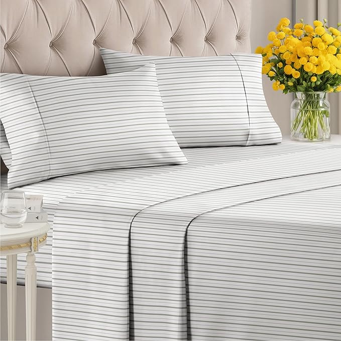 Striped Sheets - Light Grey & White Striped Sheets - 1 Flat & 1 Fitted & 2 Pillowcases w/ Deep Pockets – Wrinkle & Fade Free - Soft, Breathable & Cooling – Luxury Pinstripe Bedding - Full Size Bed Set