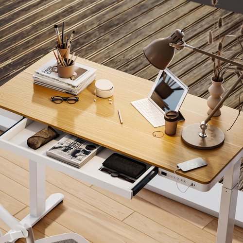 FLEXISPOT Electric Standing Desk - Adjustable Height with Drawer Storage & USB Ports | Natural Desktop & White Frame