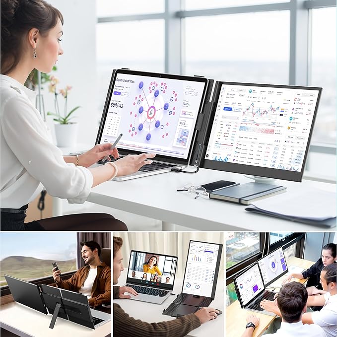 14" Laptop Screen Extender Ultra-Thin, Lightweight Portable Dual Laptop Monitor Extender with Speaker, FHD 1080P Travel Display, Plug & Play, HDMI/USB-A/Type-C for Laptops, Works with Win/Mac/Android