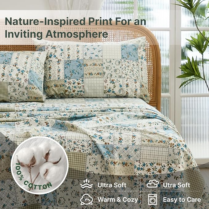 Shabby Chic Floral Patchwork Sheets Set King Size, Crisp Cooling Sheets with a Smooth Cotton Percale Lightweight Feel, 4 Pieces Luxury Soft Deep Pocket Fitted Sheet 17.5''