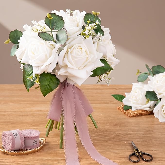 DORIS HOME Mauve Chiffon Ribbon for Flower Bouquet, 1" x21Yd Fabric Ribbon for Gift Wrapping, Handmade Frayed Ribbon for Wedding Invitations/Christmas Decorations