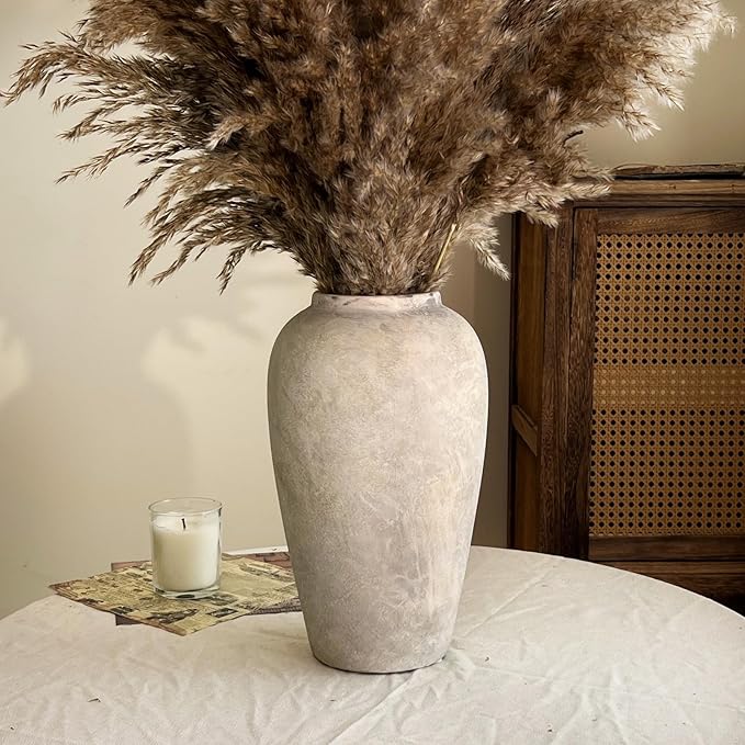 12 Inch Ceramic Rustic Vase, White Grey Farmhouse Flower Vases for Centerpieces & Home Decor, Handmade Pottery Vase for Living Room, Bedroom & Wedding Decor, Vintage Ceramic Vases for Gifts