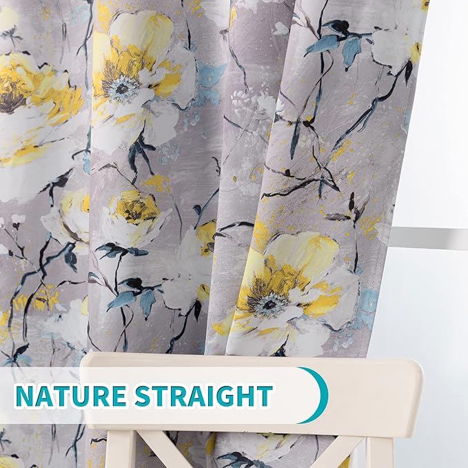 MYSKY HOME Floral Blackout Curtains for Living Room Darkening Thermal Insulated Curtain Vintage Floral Printed, 2 Panels, 52W x 95L Inch, Grey & Yellow