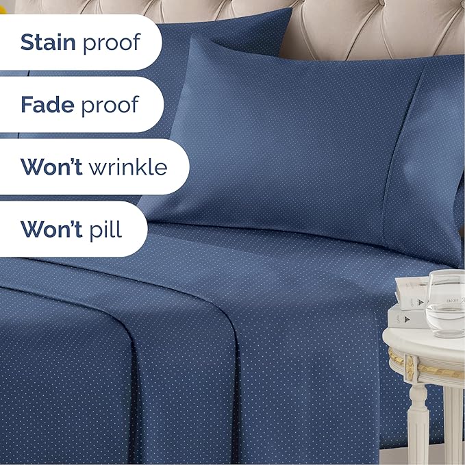 Navy Blue Polka Dots Bed Sheet Set – 1 Flat & 1 Fitted Sheet & 2 Pillowcases w/ Deep Pockets – Polka Dot Bedding - Ultra-Soft, Wrinkle & Fade Resistant - Comfy, Breathable and Cooling - Full Size Set