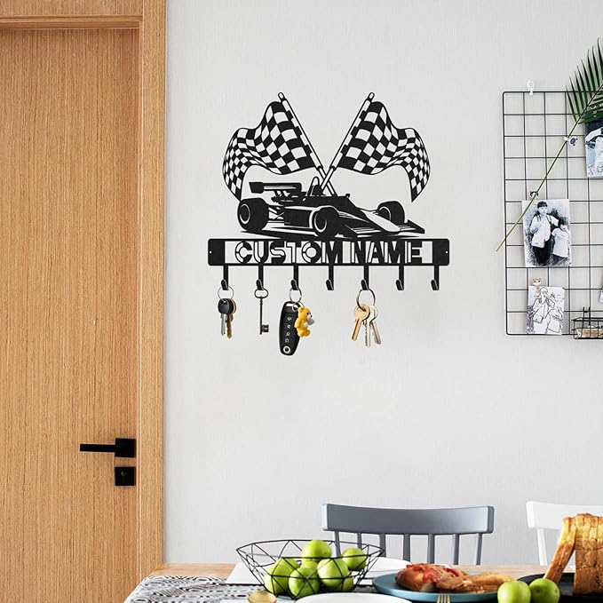 Personalized Racing Car Key Holder, Custom Metal Racing Car Key Hooks with Name, Large Black Metal Wall Hooks Rack, Custom Jacket Organizer for Garage, Living Room, Entryway, Gifts for Men(8in)