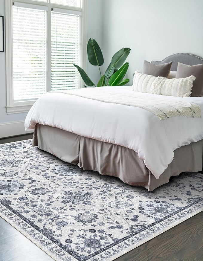 vivorug 5x7 Area Rugs, Stain Resistant Washable Rug for Living Room, Floral Rug Vintage Inspired (Ivory/Blue, 5'x7')