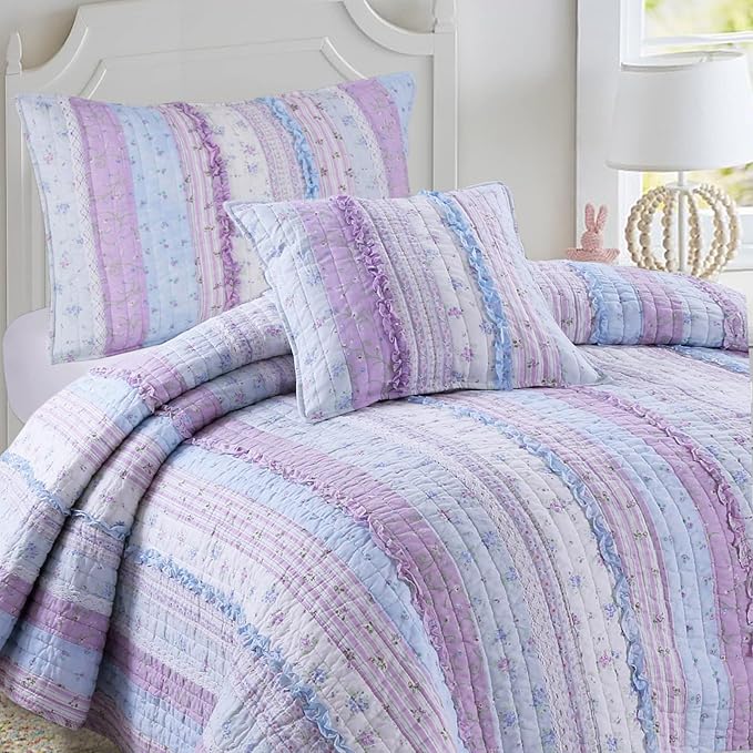 Cozy Line Home Fashions Shabby Chic Romantic Lace Purple Blue Floral Cotton Bedding Quilt Set, Reversible Coverlet, Bedspread (Lavender, King-4 Piece: 1 Quilt+2 King Shams+1 Decor Pillow)