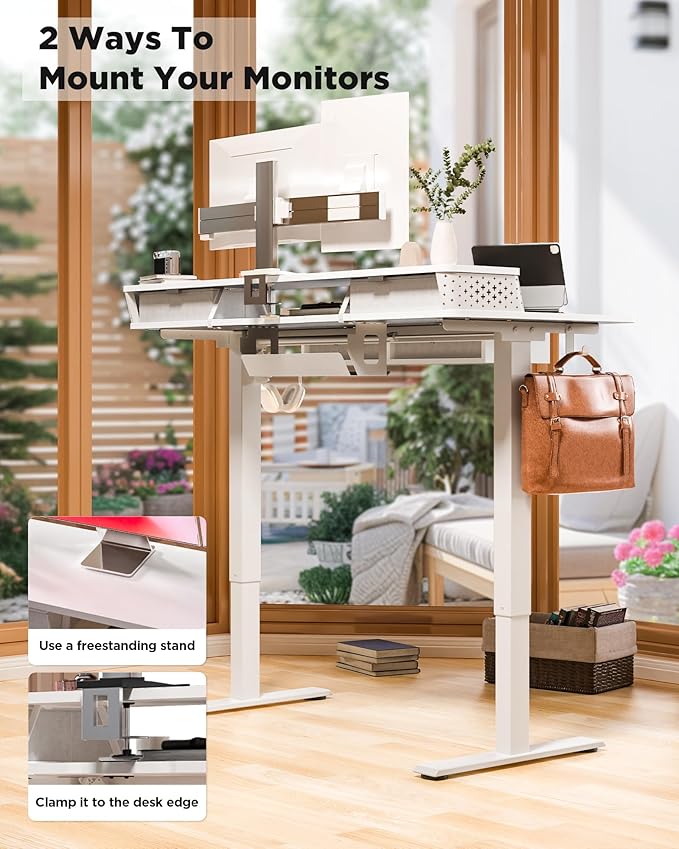 FiCiHi Adjustable Height Standing Desk with 4 Drawers,48 x 24 inches Electric Sit Stand Home Office Desk with Two Tiers, 3 Memory Presets, Monitor Stand Riser, C-Clamp Mount Compatible