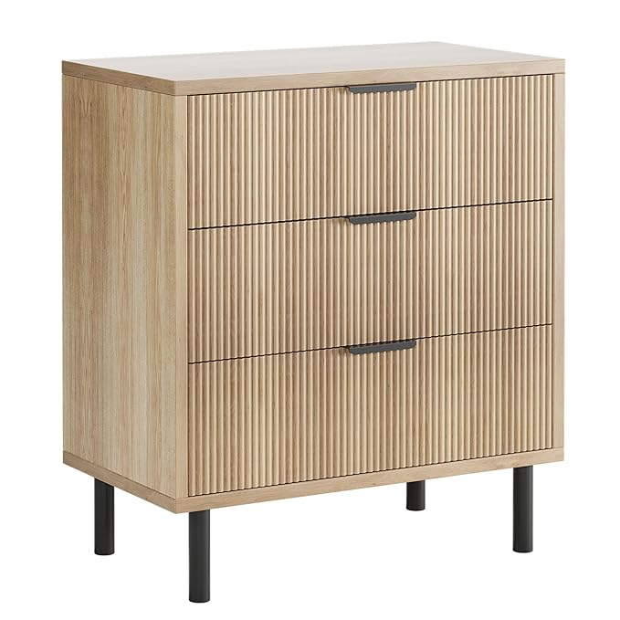 GarveeHome Oak Fluted 3 Drawers Dresser, Wide Wood Chest of Drawers, Modern Storage Dresser Chest of Drawers Organizer with Metal Legs and Anti-Tipping Device for Bedroom Living Room