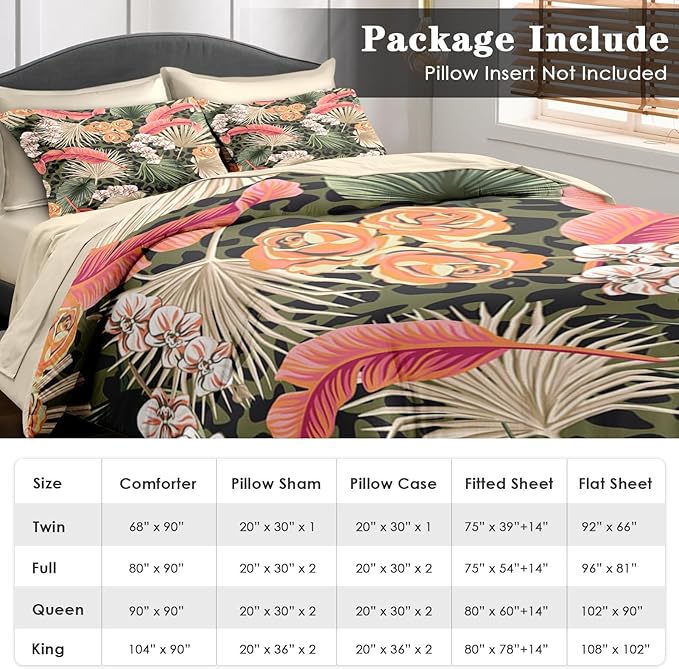 Comforter Set Queen Size, Summer Tropical Flowers 7 Pcs Bedding for Kids and Adults, Hawaiian Palm Leaf Leaves Bed Sheet Sets with Fitted Sheet 2 Pillowcase & 2 Sham for Bedroom Bed Decor