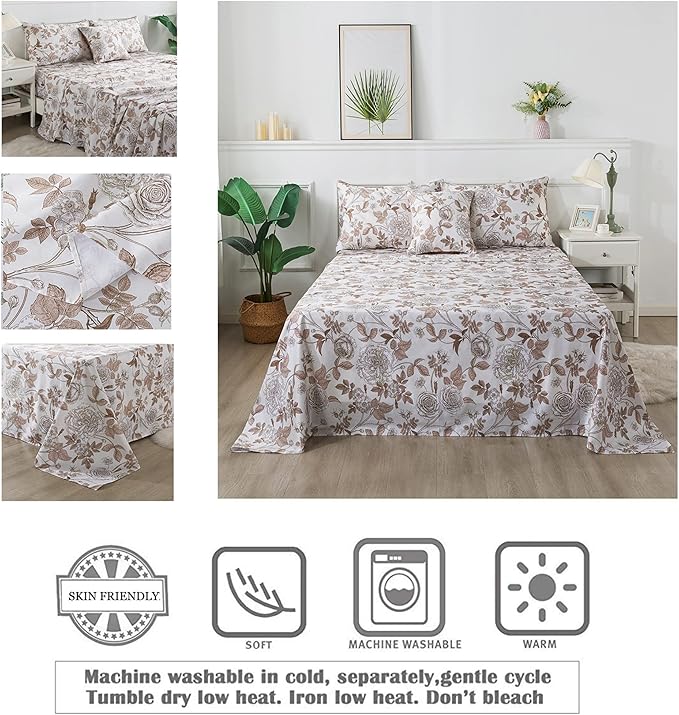 FADFAY Sheets Set Queen Vintage White and Brown Floral Bedding Elegant Peony Sheets Set Shabby Rose Farmhouse Bedding 100% Egyptian Cotton 800 Thread Count Deep Pocket Fitted Sheet 4Pcs, Queen Size