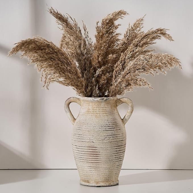 Large Ceramic Rustic Vase with 2 Handles, 9.8 inch Whitewashed Terra Cotta Decorative Pottery Flower Vase for Home Decor, Living Room, Shelf Decor, Enterway, Table Decoration, Gray