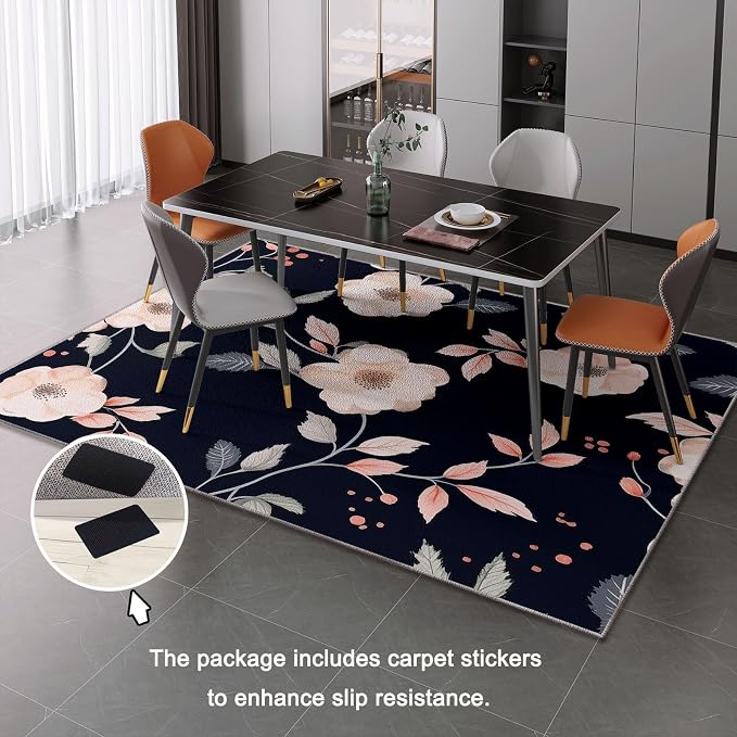 Area Rugs for Living Room, 2x3 Washable Rug Black Soft Low Pile Non-Slip Carpet Stain Resistant Carpets for Bedroom Dining Room Farmhouse Nursery, Retro Branches and Leaves Elegant Flowers