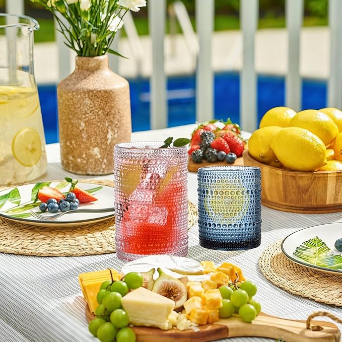 Colored Hobnail Drinking Glasses Set of 8，15 oz Vintage Highball Glassess & 12 oz Cocktail Glasses，Drinkware Kitchen Glasses for Cocktail, Iced Coffee, Beer, Ice Tea, Wine, Whiskey, Water