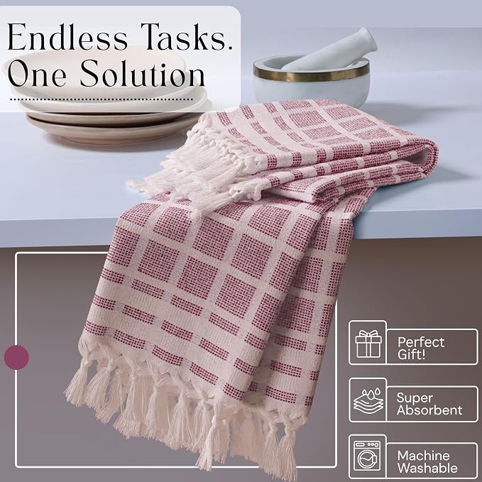 Matrix Dobby Kitchen Towels 12 Pack 100% Cotton, 16x26 Inches, Decorative Tea Towels with Handmade Tassels, Absorbent Reusable Dish Cloths for Kitchen Drying - Burgundy Wine, Natural