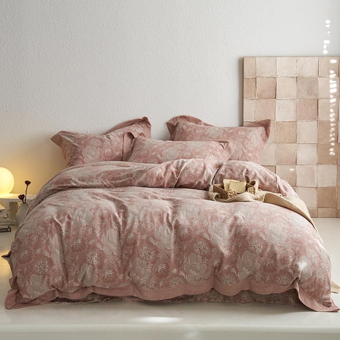 VM VOUGEMARKET Jacquard Floral Duvet Cover Set King,Yarn-Dyed Cotton Blush Pink Flower Duvet Cover Bordered,Vintage Garden Style Bedding Set King Size 3 Pieces