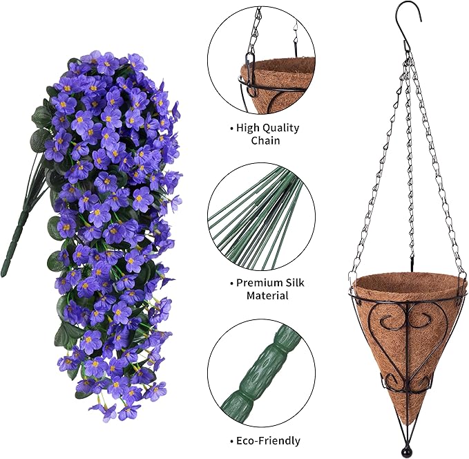 Artificial Fake Outdoor Hanging Flowers Plants Basket for Outside Porch Decoration, Fake Silk Purple Daisy Flower UV Resistant Look Real Orchid Traing Vines for Home Balcony Yard Patio Garden Decor