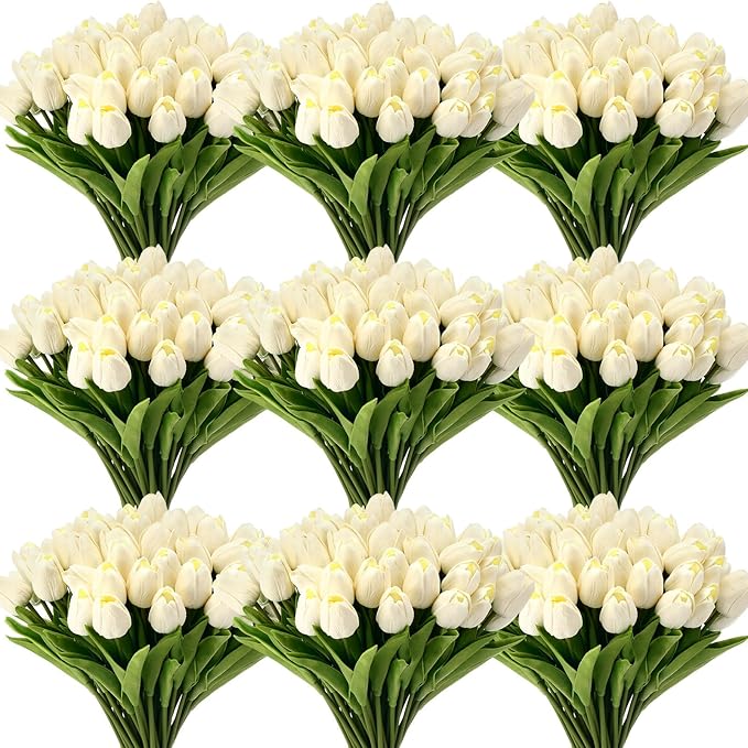 Janinka 75pcs Artificial Tulip Flowers Fake PU Tulips Faux Latex Bouquet Flower Centerpieces Arrangement Floral for Mother Day Wedding Spring Decorations (Milk White)