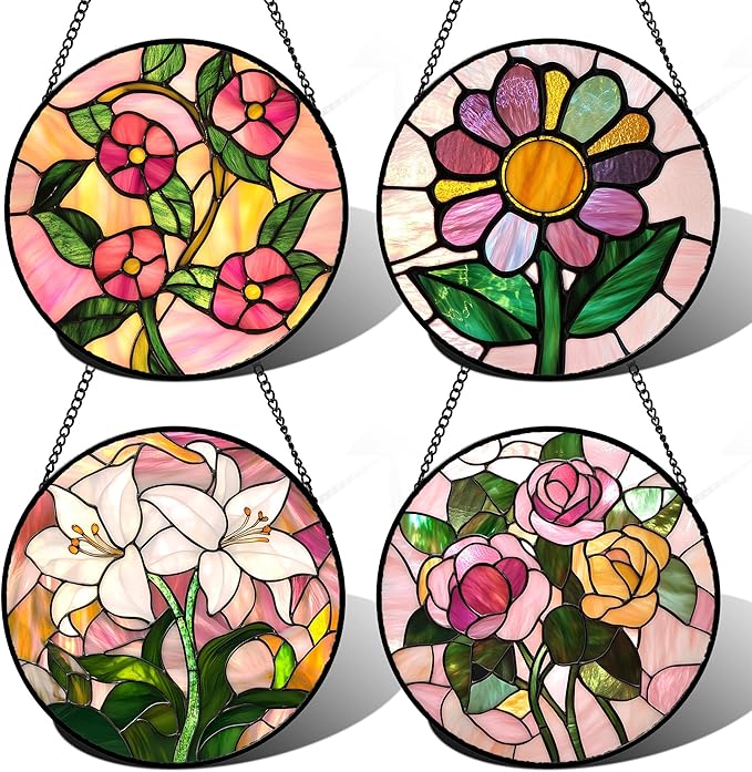 Stained Glass Window Hanging 4 Pcs Set Pink Floral Theme Large 11.8" - Flowers Suncatcher Door Garden Sun Catcher Decor Birthday Christmas for Mom Woman Nana Men Friend