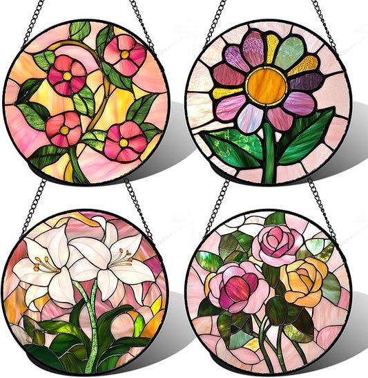 Stained Glass Window Hanging 4 Pcs Set Pink Floral Theme Large 15" - Flowers Suncatcher Door Garden Sun Catcher Decor Birthday Christmas for Mom Woman Nana Men Friend