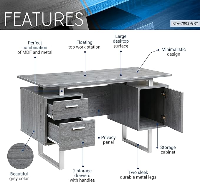 Techni Mobili Modern Office Desk with Storage, Gray