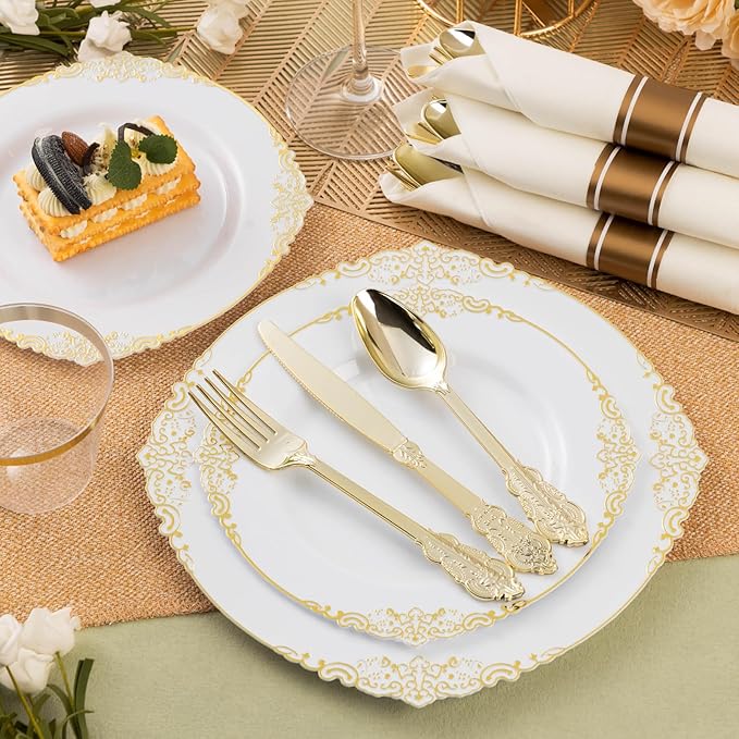 300PCS Gold Plastic Silverware for 100 Guests, Heavy Duty Gold Disposable Utensils Sets, Includes 100 Forks, 100 Spoons, 100 Knives, Elegant Cutlery Perfect for Wedding, Party