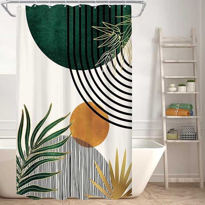 KOMLLEX Mid Century Green Boho Shower Curtain 48Wx72L Inches Abstract Modern Shower Curtains for Bathroom Decor Plant Botanical Minimalist Leaf Arch Sun Fabric Liner Waterproof Polyester 12 Pack Hooks