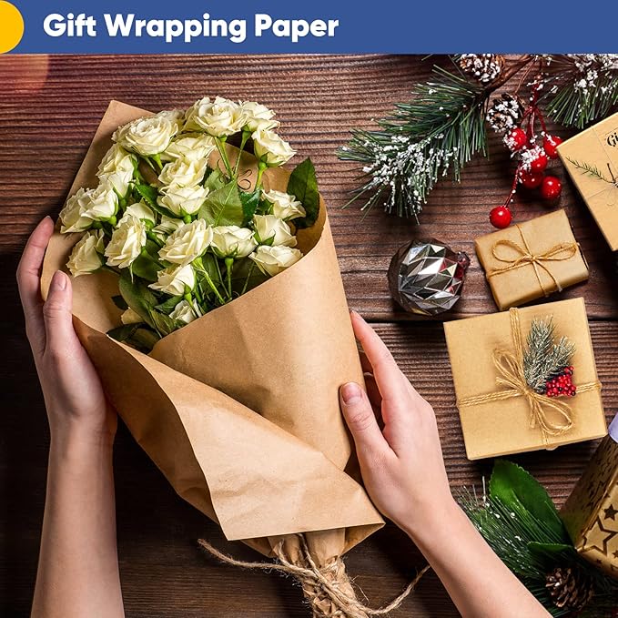 Vanhench Brown Wrapping Paper Roll, Craft Kraft Paper 17.5"x 1200"(100') for Gift Wrapping Bulletin Board Arts Bouquet Flower Table Covering Poster Packing Shipping Christmas Supplies 70GSM 50LB