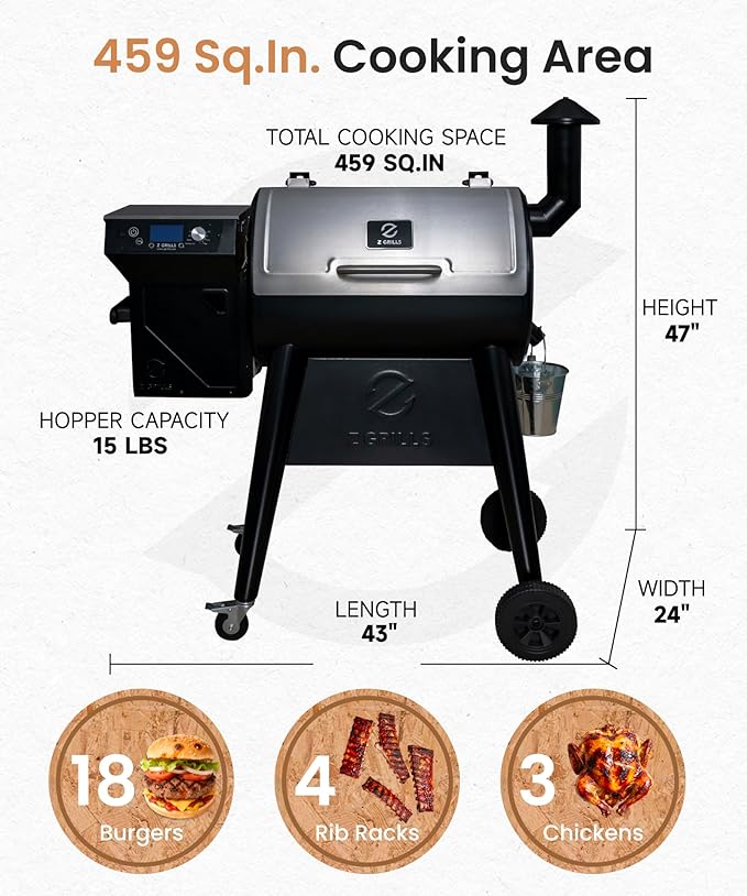 Z GRILLS Wood Pellet Grill Smoker with PID 3.0 Controller, 459 SQ.IN, 450°F Max Temperature, 8 in-1 BBQ Grill, LCD Screen, Meat Probes, Rain Cover, Backyard Camping Bake and Roast, 450E